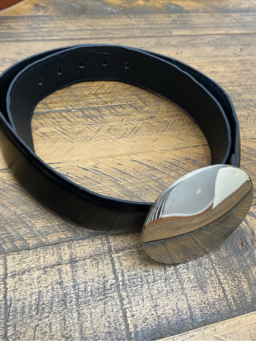 D.Exterior Italy Black Leather Belt with Sculptural Silver Buckle